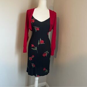 Y2K Style Forever 21 Black Midi Dress with Red Floral Details